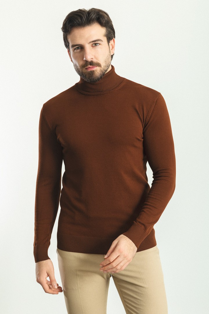Tile Color Viscose And Elastane Fabric With Turtleneck Detail Classic Men's Knitwear