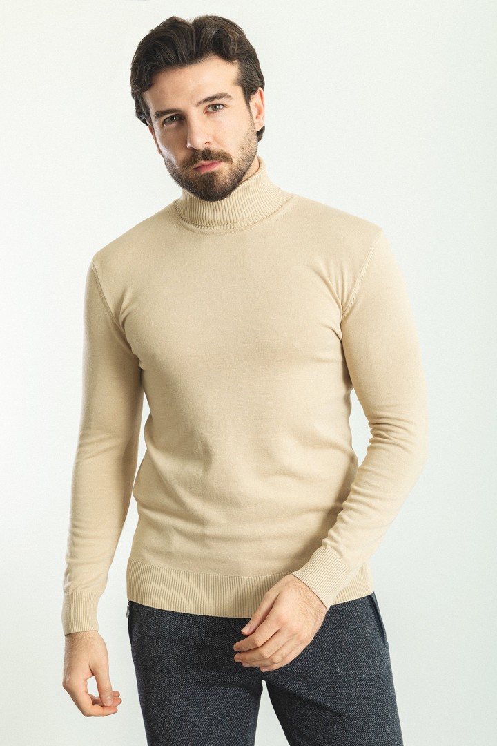 Beige Color Viscose And Elastane Fabric With Turtleneck Detail Classic Men's Knitwear