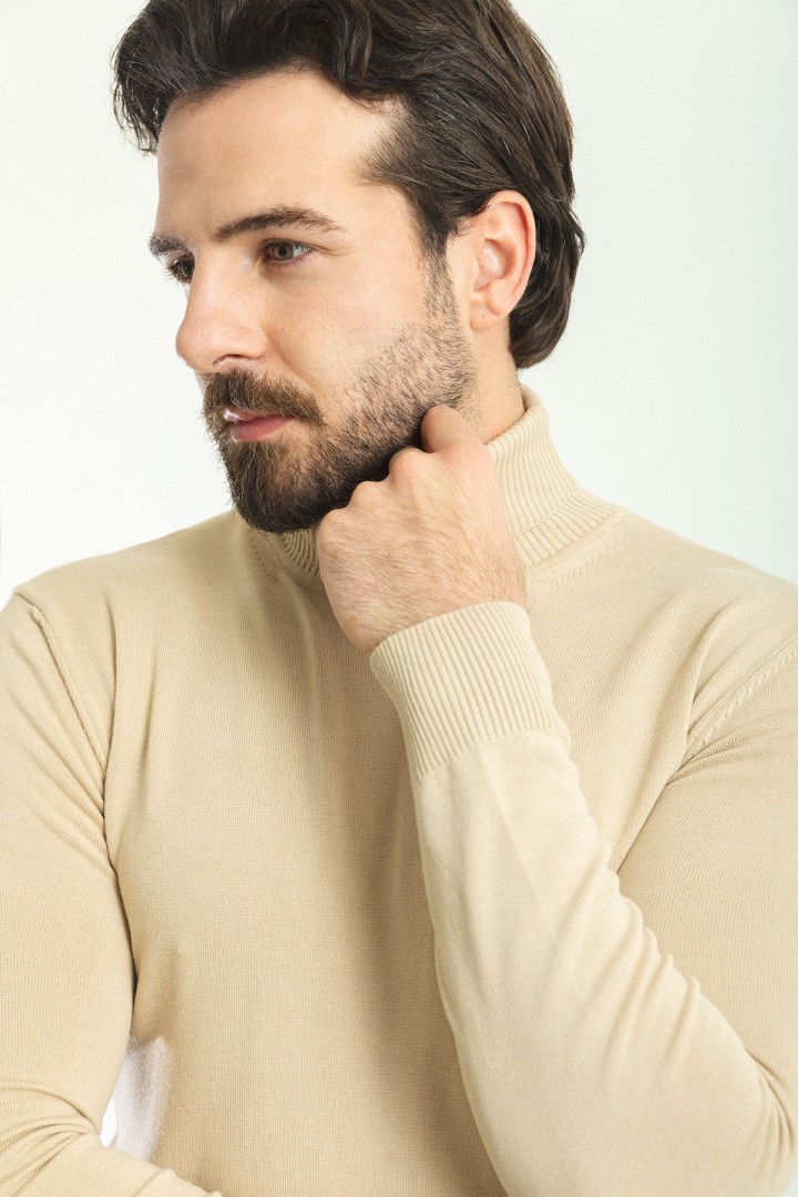 Beige Color Viscose And Elastane Fabric With Turtleneck Detail Classic Men's Knitwear