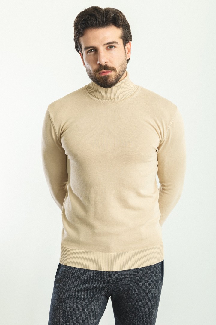 Beige Color Viscose And Elastane Fabric With Turtleneck Detail Classic Men's Knitwear