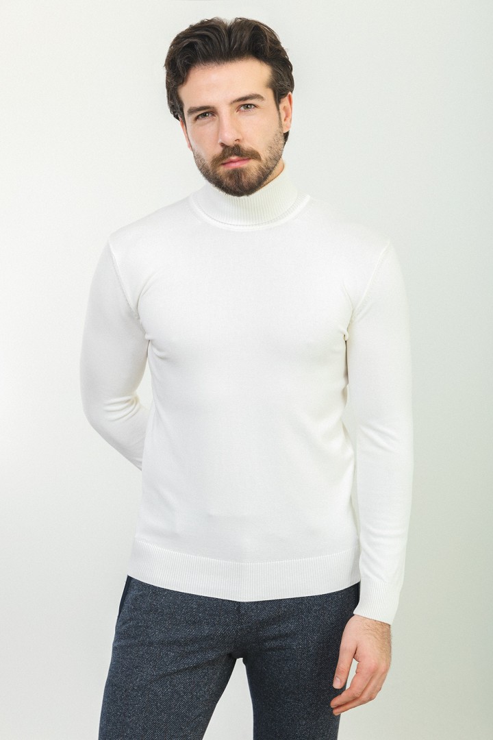 Ecru Color Viscose And Elastane Fabric With Turtleneck Detail Classic Men's Knitwear