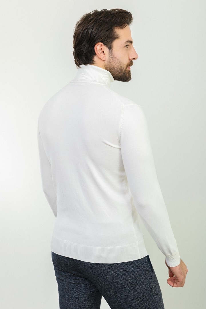 Ecru Color Viscose And Elastane Fabric With Turtleneck Detail Classic Men's Knitwear
