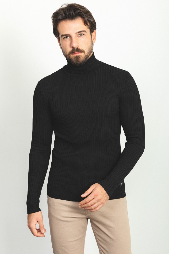 Black Color Viscose And Elastane Fabric With Turtleneck Detail Classic Men's Knitwear