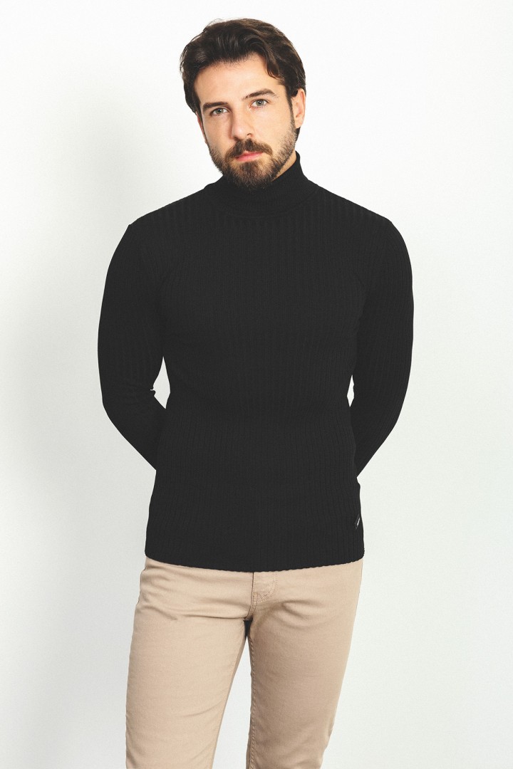 Black Color Viscose And Elastane Fabric With Turtleneck Detail Classic Men's Knitwear