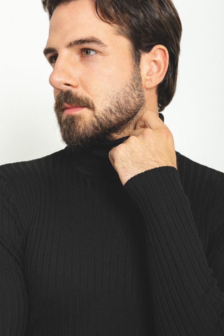 Black Color Viscose And Elastane Fabric With Turtleneck Detail Classic Men's Knitwear