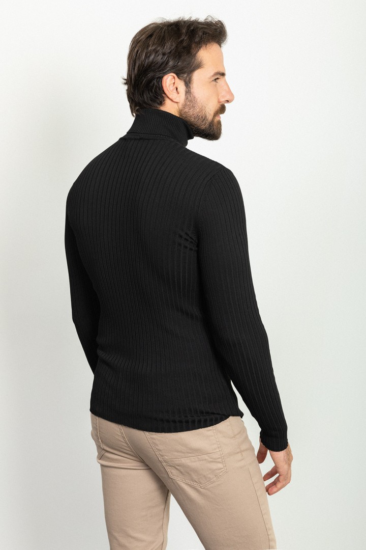 Black Color Viscose And Elastane Fabric With Turtleneck Detail Classic Men's Knitwear