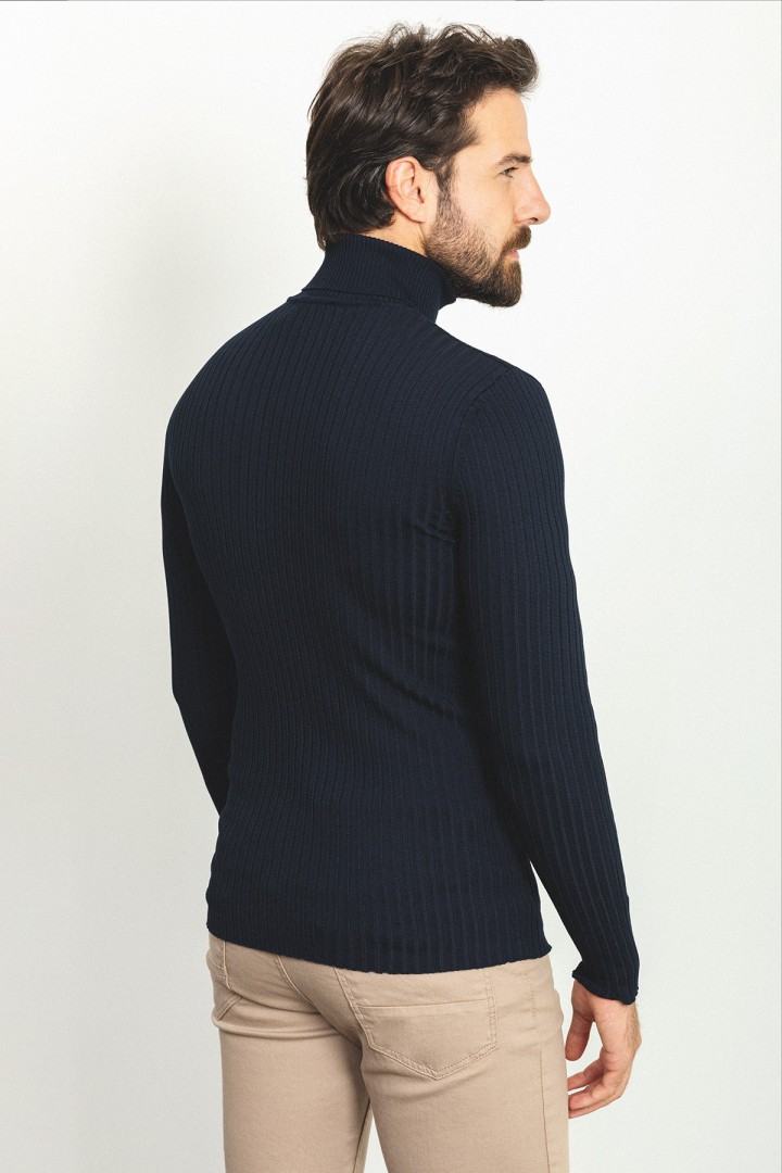 Dark Blue Color Viscose And Elastane Fabric With Turtleneck Detail Classic Men's Knitwear