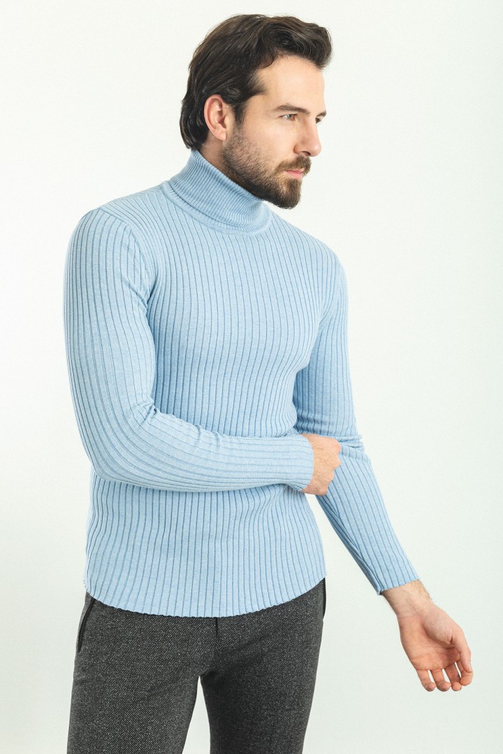 Blue Color Viscose And Elastane Fabric With Turtleneck Detail Classic Men's Knitwear