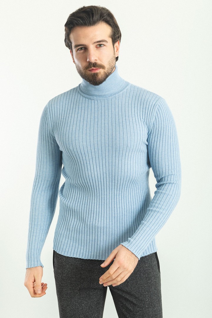 Blue Color Viscose And Elastane Fabric With Turtleneck Detail Classic Men's Knitwear