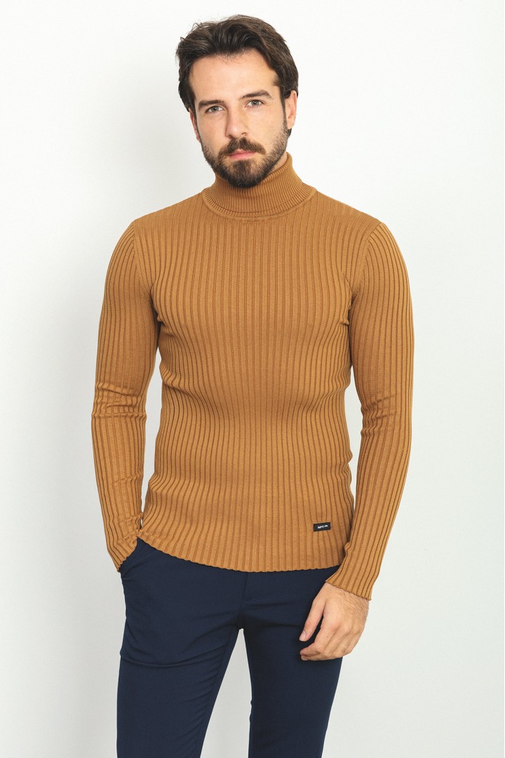 Camel Color Viscose And Elastane Fabric With Turtleneck Detail Classic Men's Knitwear