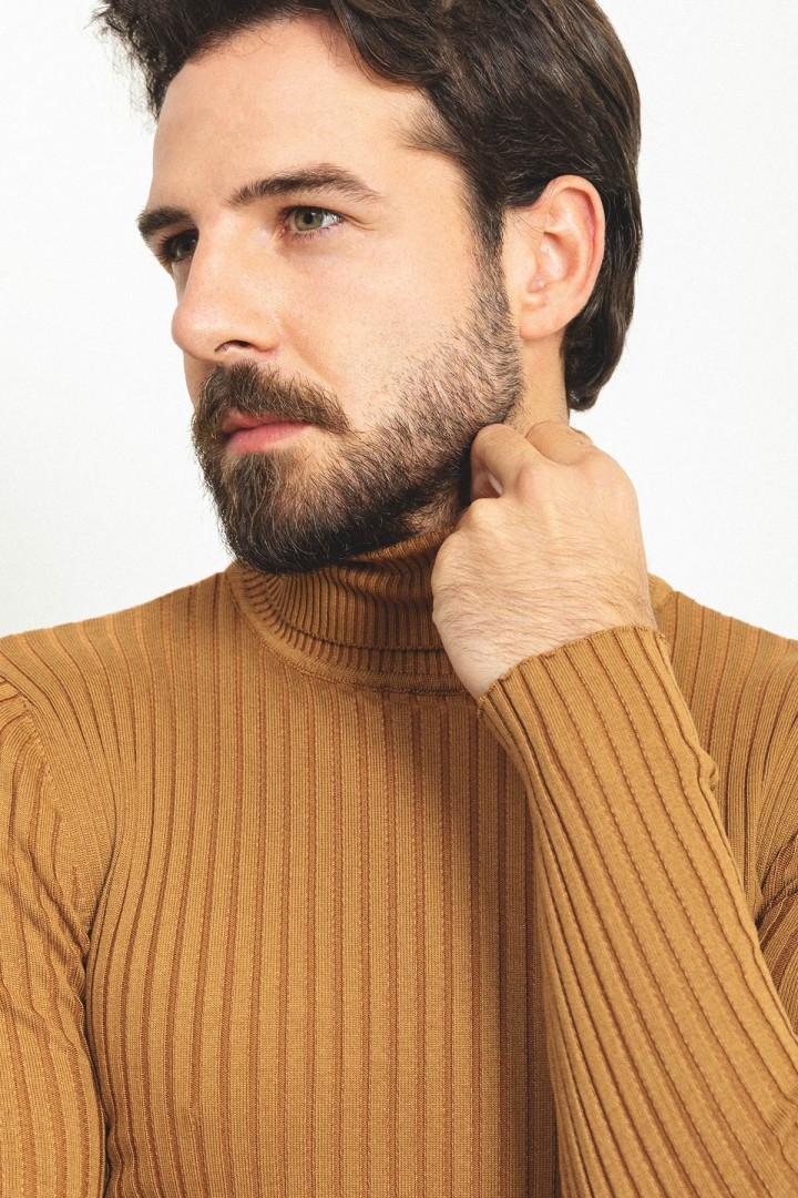Camel Color Viscose And Elastane Fabric With Turtleneck Detail Classic Men's Knitwear