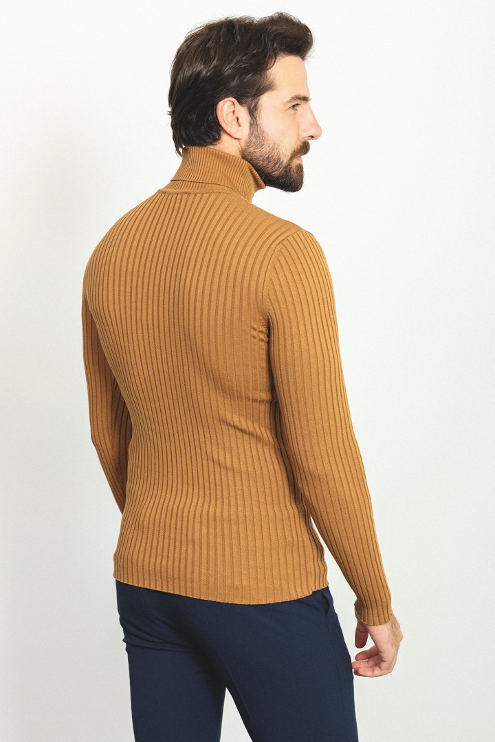 Camel Color Viscose And Elastane Fabric With Turtleneck Detail Classic Men's Knitwear
