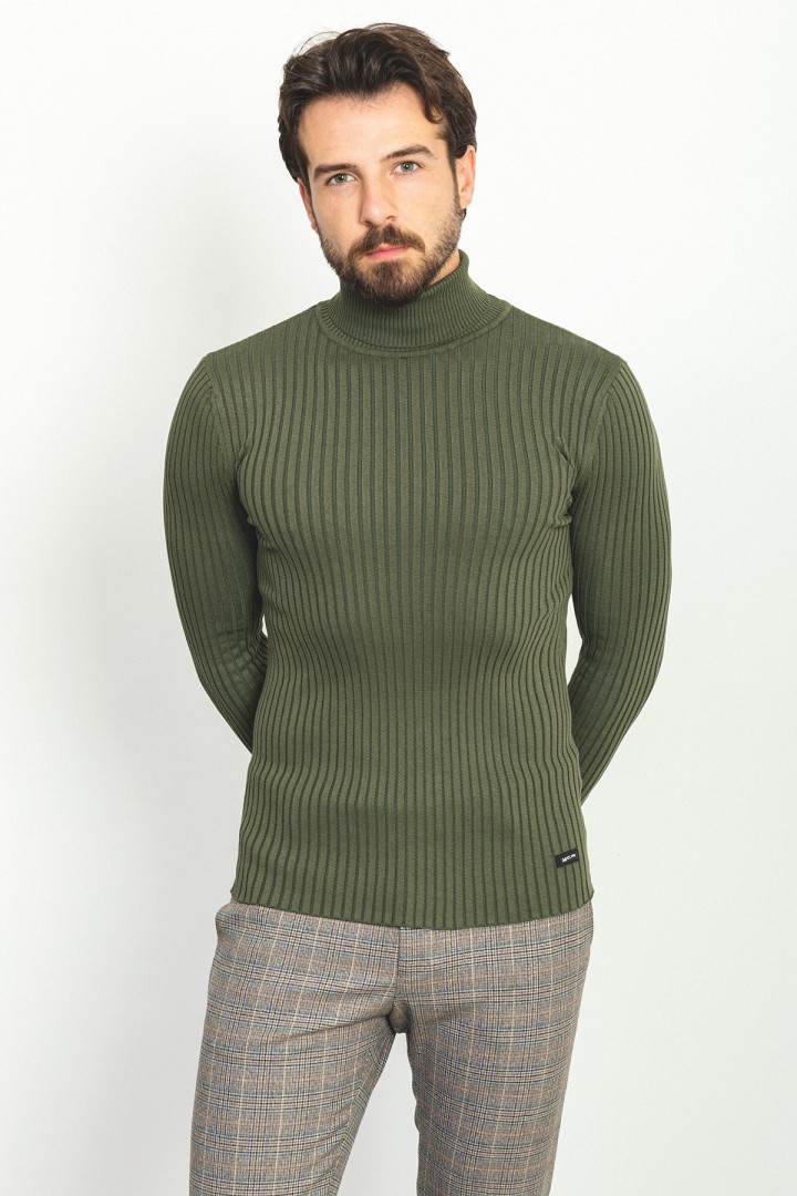 Khaki Color Viscose And Elastane Fabric With Turtleneck Detail Classic Men's Knitwear