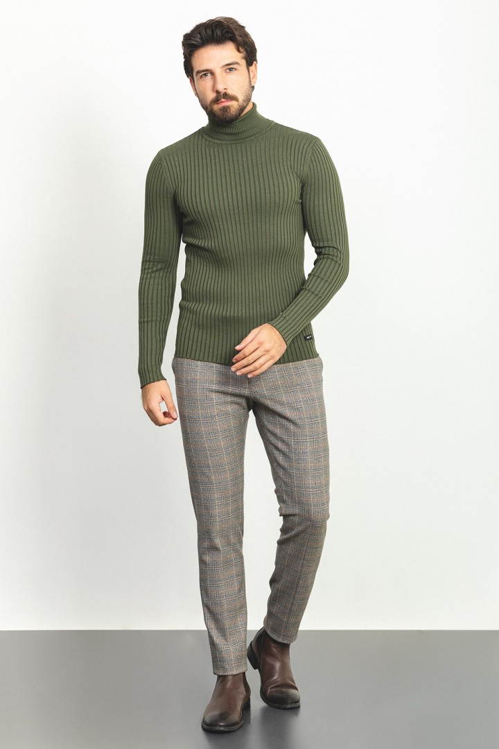 Khaki Color Viscose And Elastane Fabric With Turtleneck Detail Classic Men's Knitwear