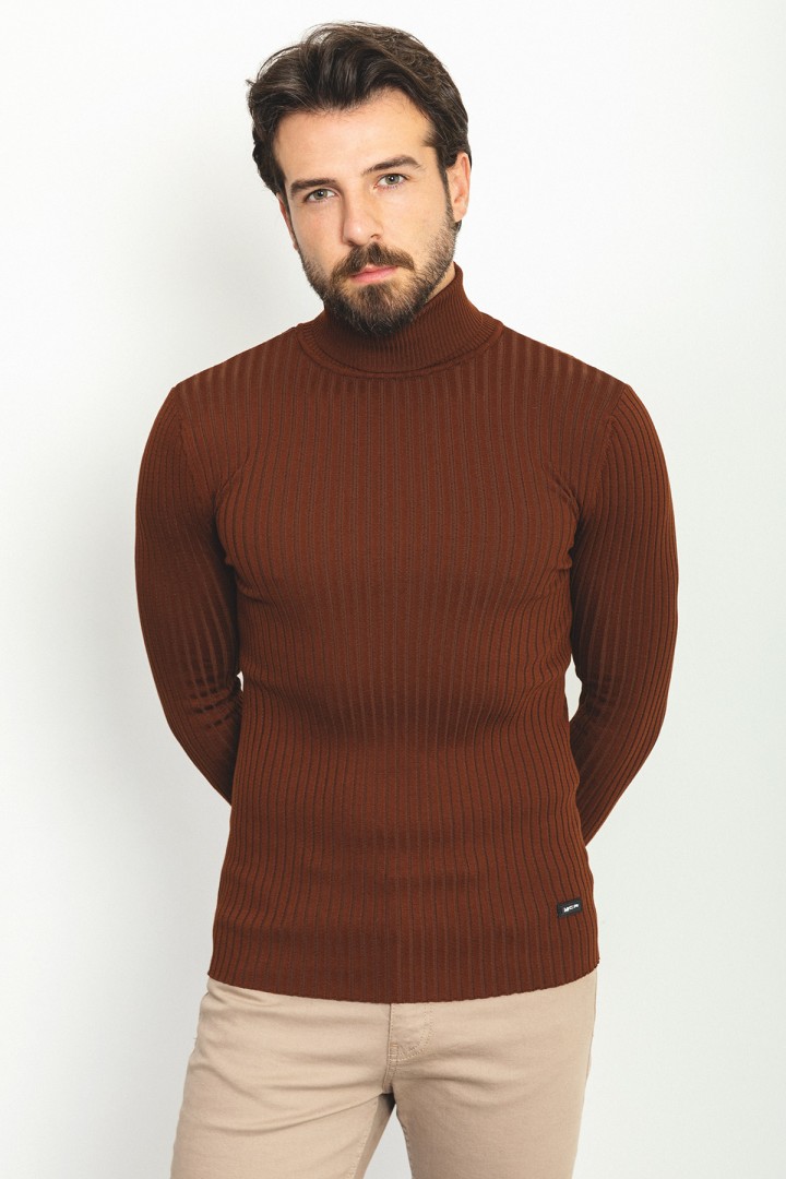 Tile Color Viscose And Elastane Fabric With Turtleneck Detail Classic Men's Knitwear