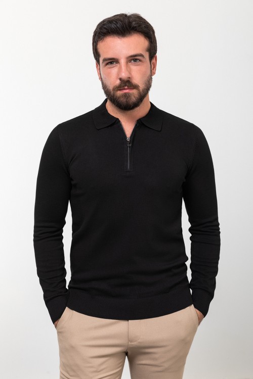 Black Color Viscose Fabric Zippered And Shirt Collar Design Casual Men's Knitwear