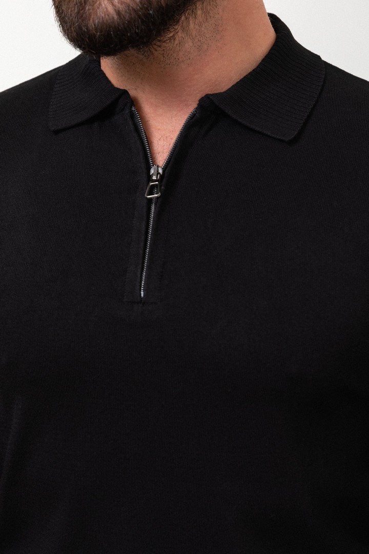 Black Color Viscose Fabric Zippered And Shirt Collar Design Casual Men's Knitwear