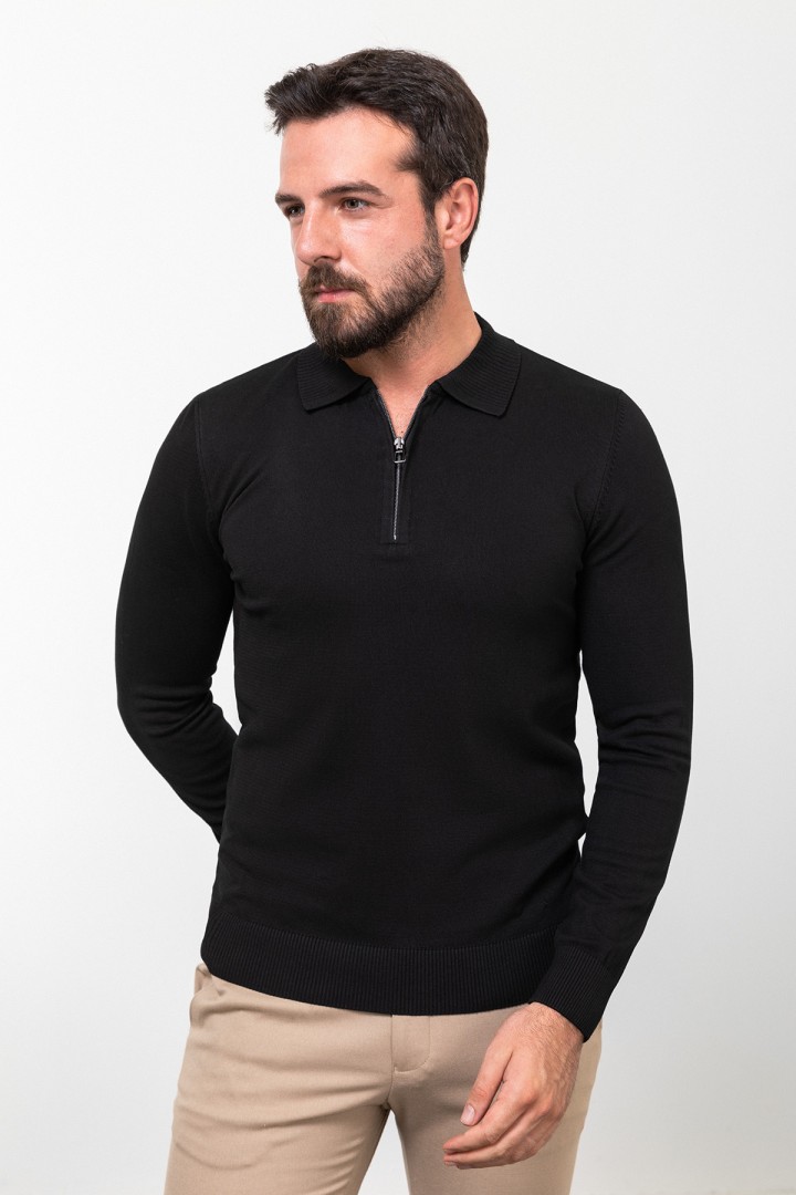 Black Color Viscose Fabric Zippered And Shirt Collar Design Casual Men's Knitwear