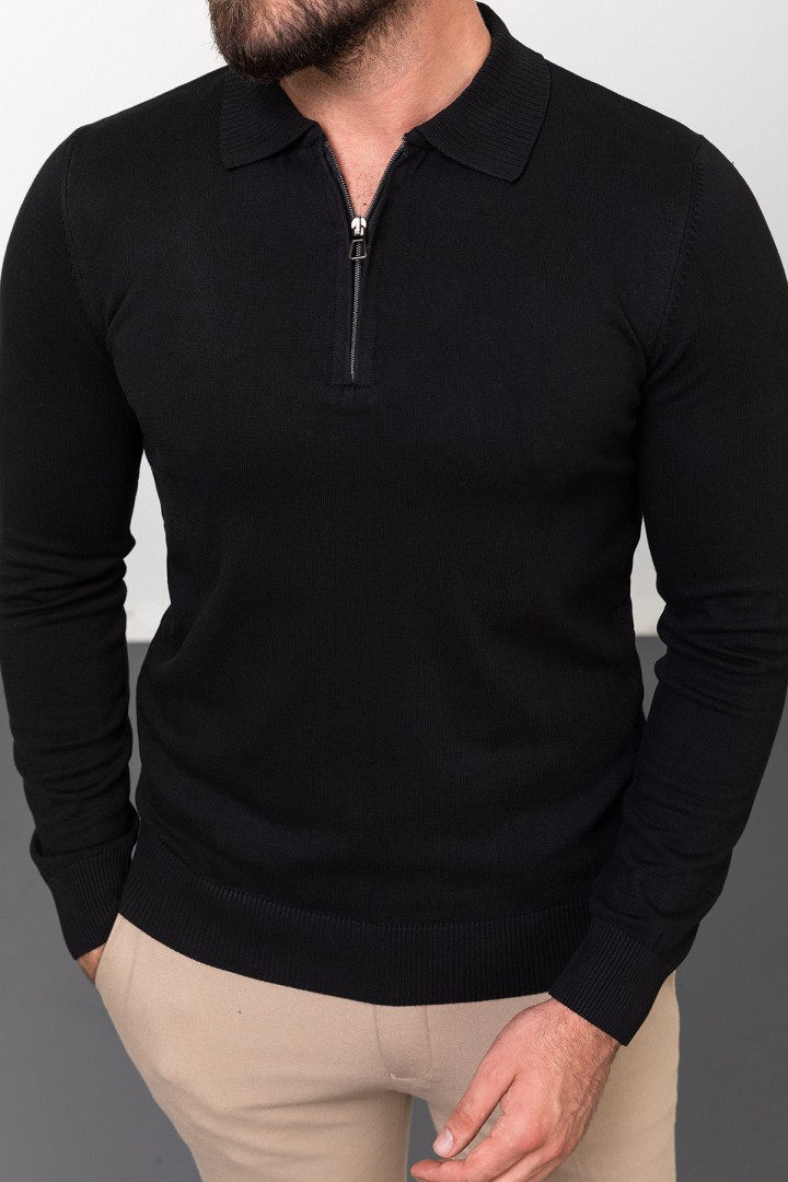 Black Color Viscose Fabric Zippered And Shirt Collar Design Casual Men's Knitwear