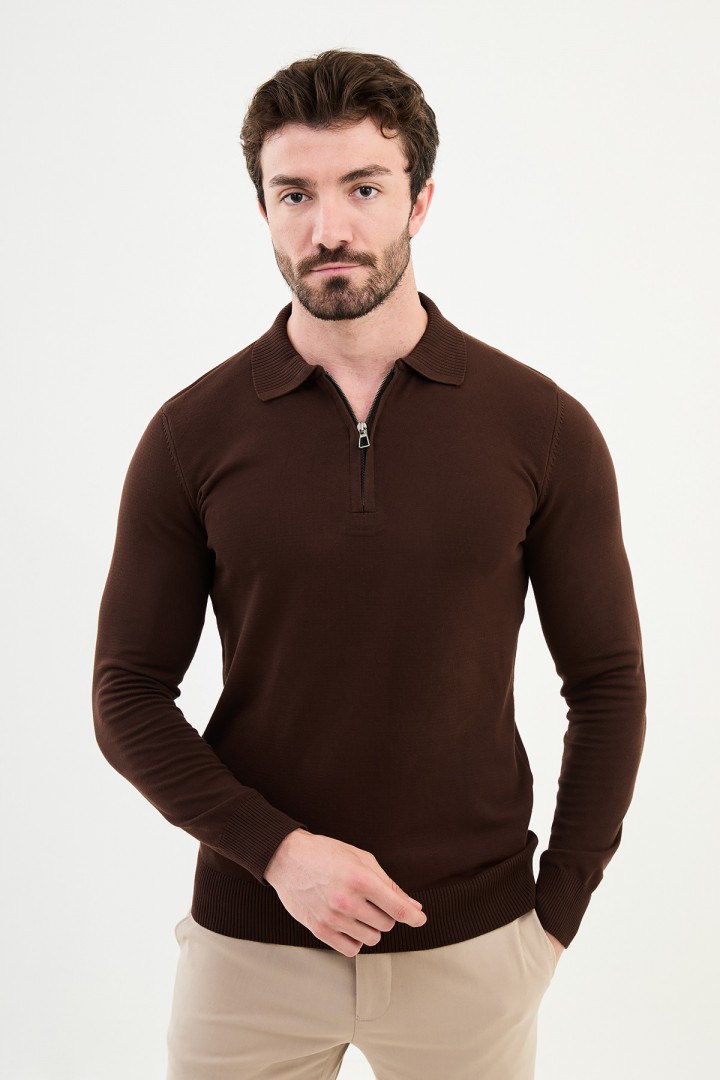Brown Color Shirt Collar And Zippered Design Classic Men's Knitwear