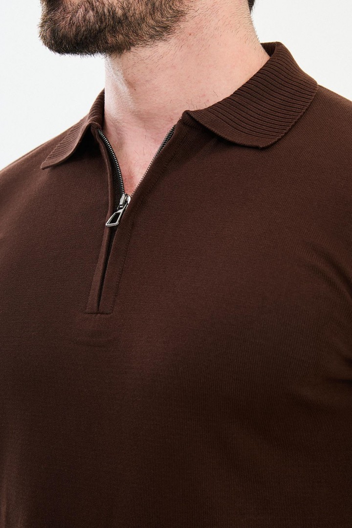 Brown Color Shirt Collar And Zippered Design Classic Men's Knitwear