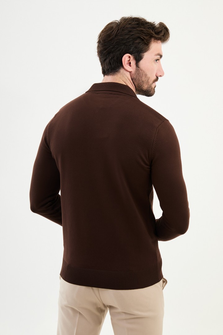 Brown Color Shirt Collar And Zippered Design Classic Men's Knitwear