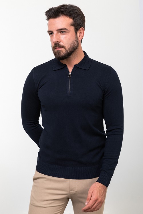 Dark Blue Color Viscose Fabric Zippered And Shirt Collar Design Casual Men's Knitwear