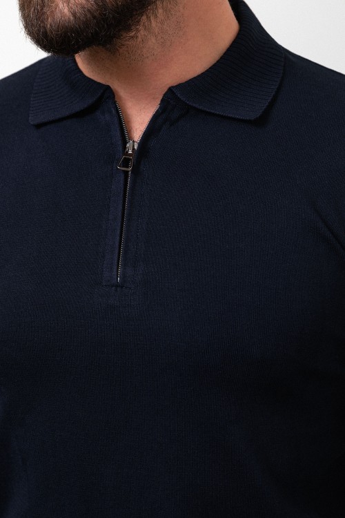 Dark Blue Color Viscose Fabric Zippered And Shirt Collar Design Casual Men's Knitwear