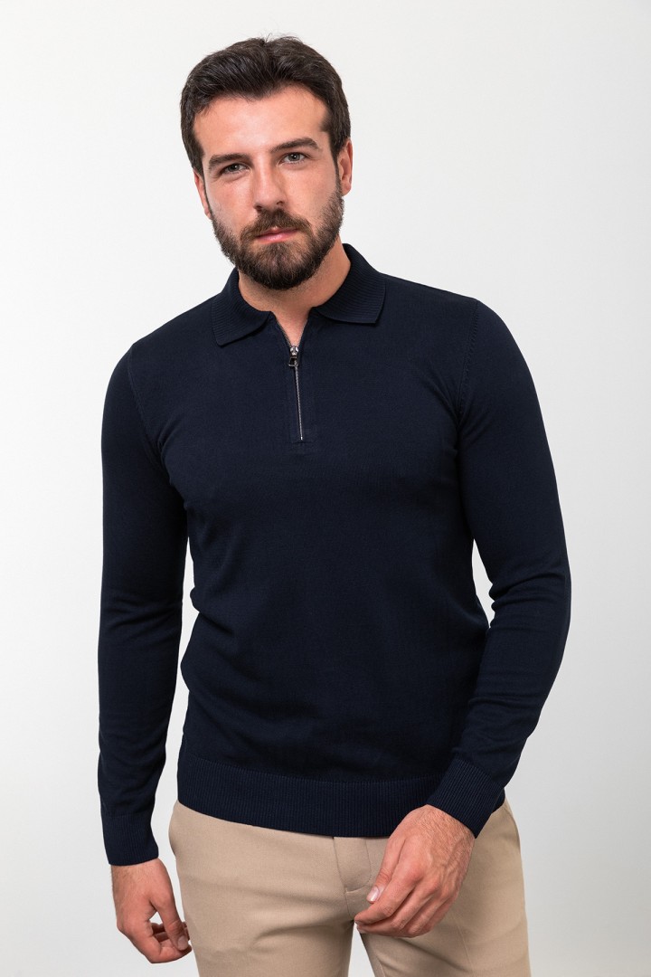 Dark Blue Color Viscose Fabric Zippered And Shirt Collar Design Casual Men's Knitwear