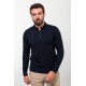 Dark Blue Color Viscose Fabric Zippered And Shirt Collar Design Casual Men's Knitwear