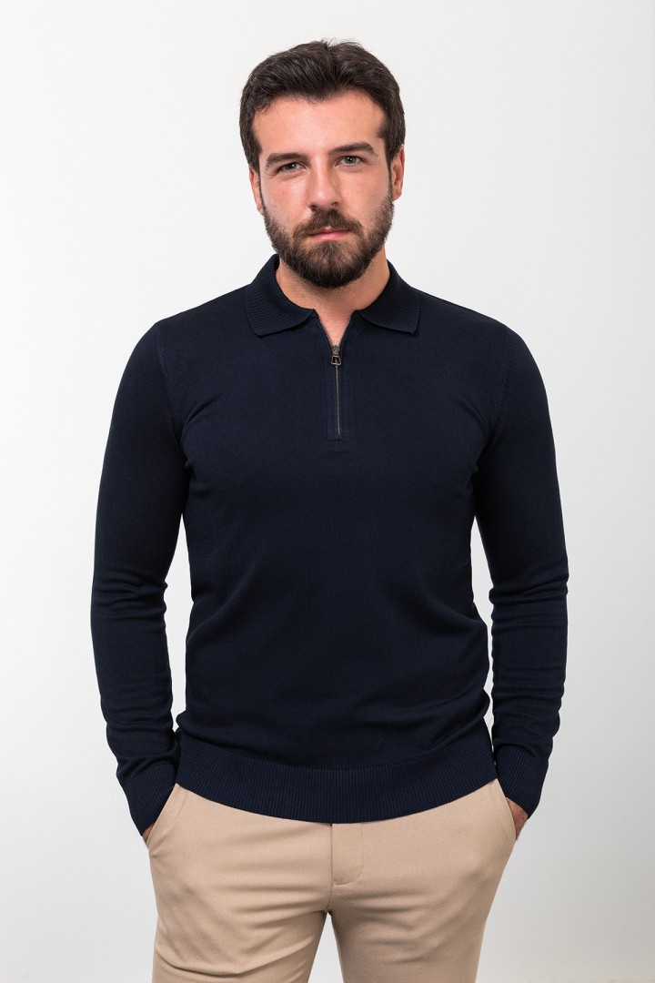 Dark Blue Color Viscose Fabric Zippered And Shirt Collar Design Casual Men's Knitwear