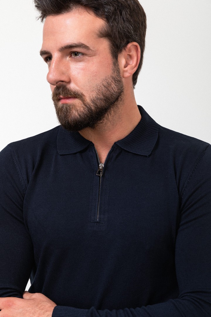 Dark Blue Color Viscose Fabric Zippered And Shirt Collar Design Casual Men's Knitwear