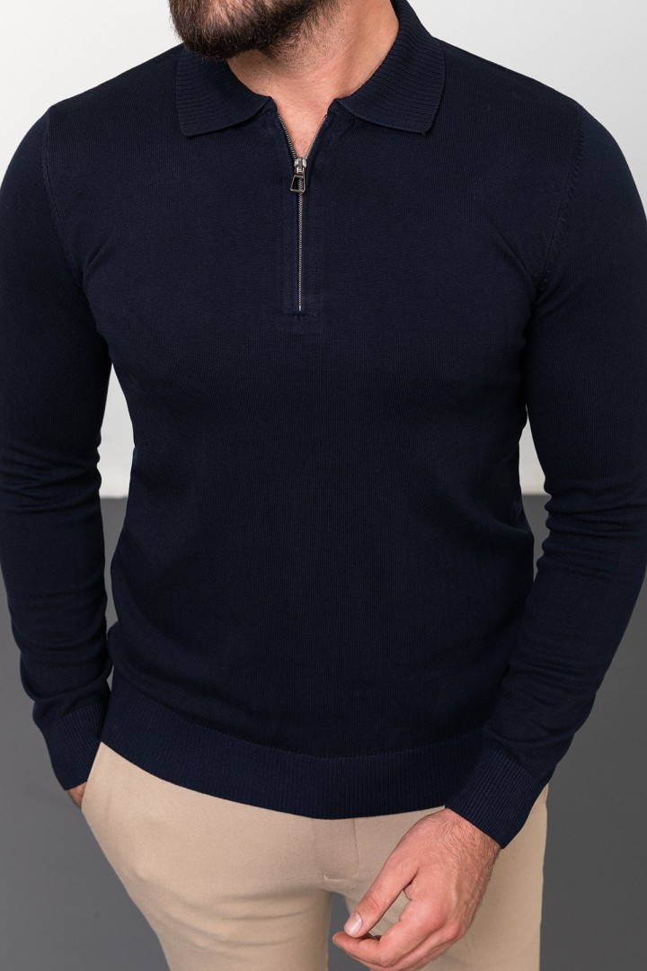 Dark Blue Color Viscose Fabric Zippered And Shirt Collar Design Casual Men's Knitwear