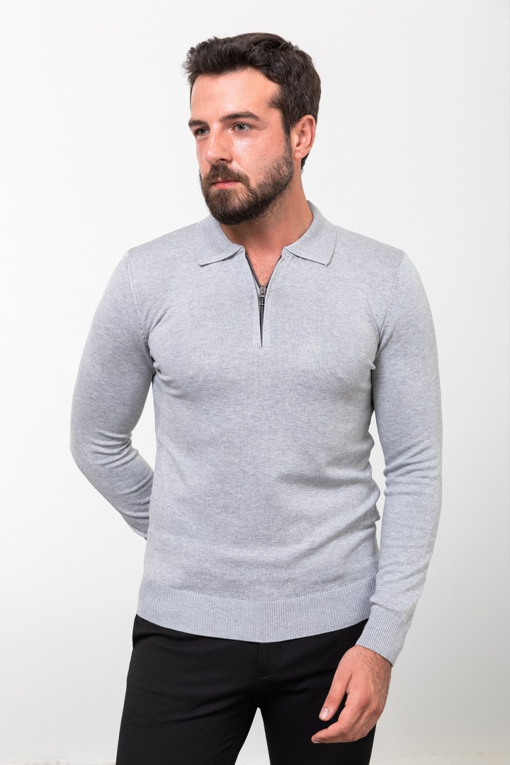 Light Grey Color Viscose Fabric Zippered And Shirt Collar Design Casual Men's Knitwear