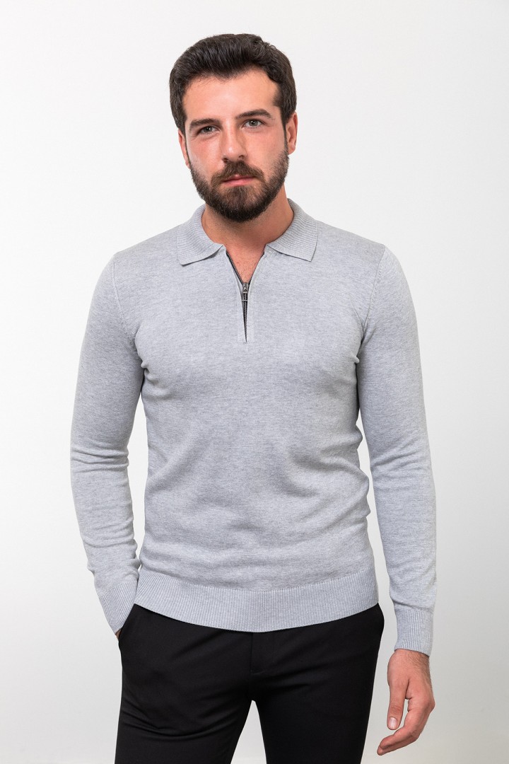 Light Grey Color Viscose Fabric Zippered And Shirt Collar Design Casual Men's Knitwear