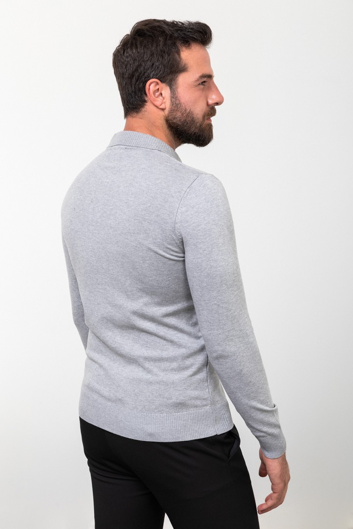 Light Grey Color Viscose Fabric Zippered And Shirt Collar Design Casual Men's Knitwear