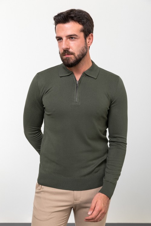 Khaki Color Viscose Fabric Zippered And Shirt Collar Design Casual Men's Knitwear