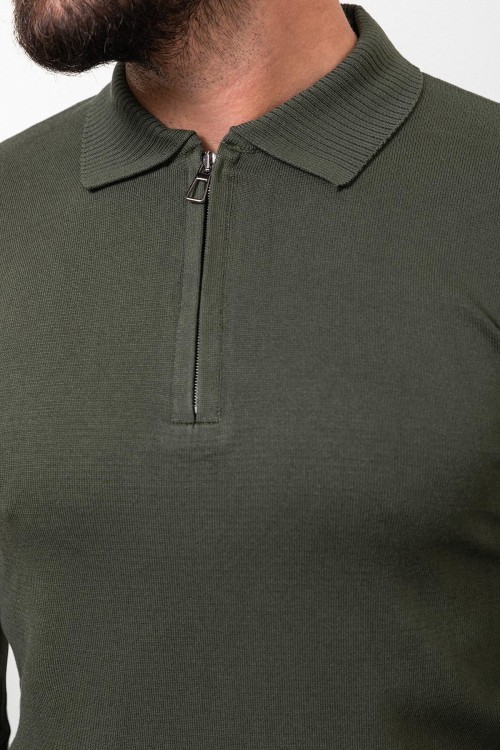 Khaki Color Viscose Fabric Zippered And Shirt Collar Design Casual Men's Knitwear
