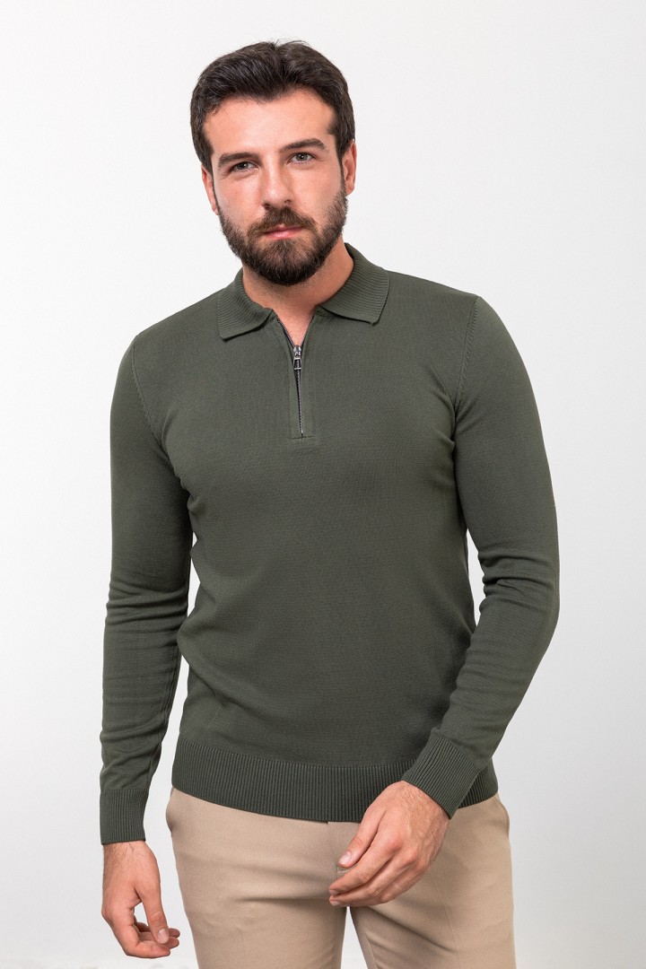 Khaki Color Viscose Fabric Zippered And Shirt Collar Design Casual Men's Knitwear