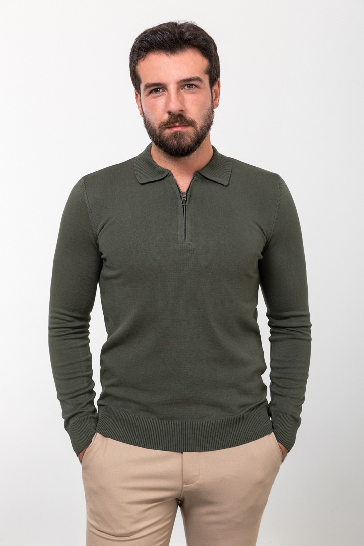 Khaki Color Viscose Fabric Zippered And Shirt Collar Design Casual Men's Knitwear
