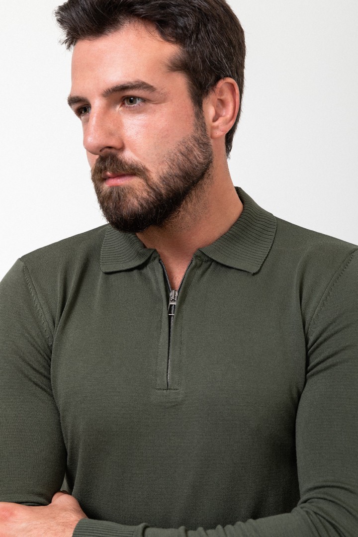Khaki Color Viscose Fabric Zippered And Shirt Collar Design Casual Men's Knitwear