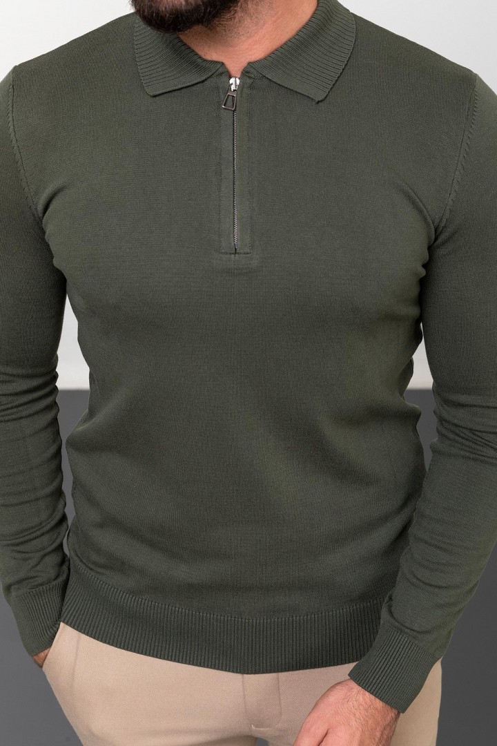 Khaki Color Viscose Fabric Zippered And Shirt Collar Design Casual Men's Knitwear