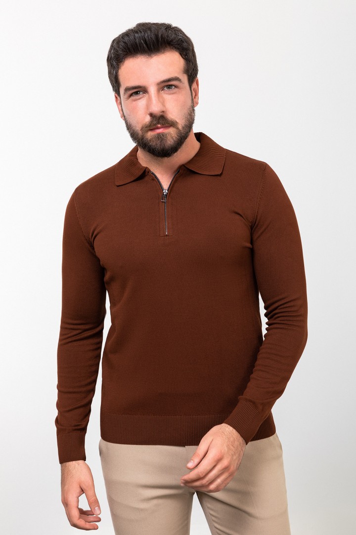 Tile Color Viscose Fabric Zippered And Shirt Collar Design Casual Men's Knitwear