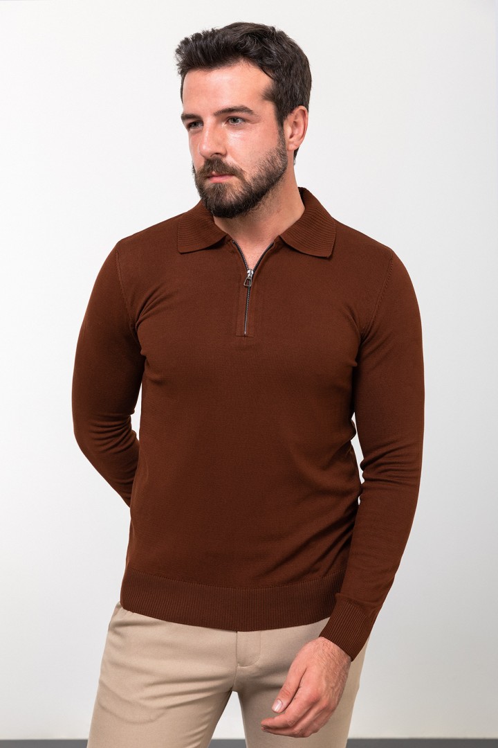 Tile Color Viscose Fabric Zippered And Shirt Collar Design Casual Men's Knitwear