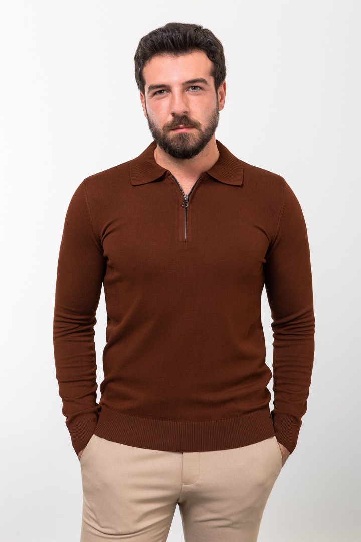 Tile Color Viscose Fabric Zippered And Shirt Collar Design Casual Men's Knitwear