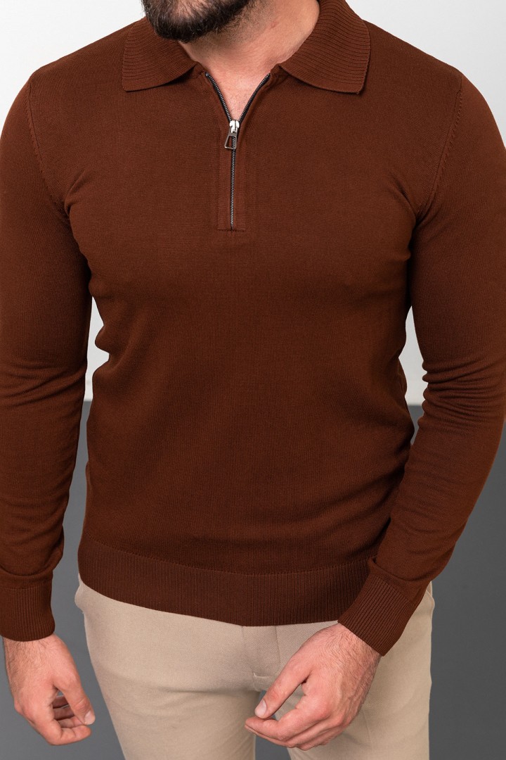 Tile Color Viscose Fabric Zippered And Shirt Collar Design Casual Men's Knitwear
