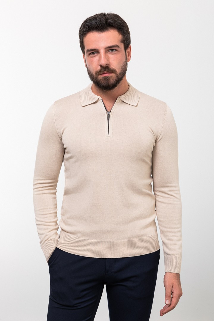 Beige Color Viscose Fabric Zippered And Shirt Collar Design Casual Men's Knitwear