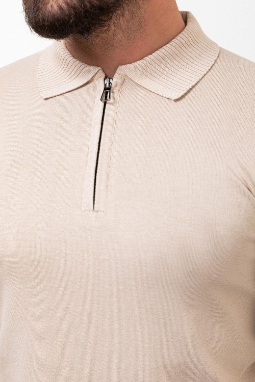 Beige Color Viscose Fabric Zippered And Shirt Collar Design Casual Men's Knitwear
