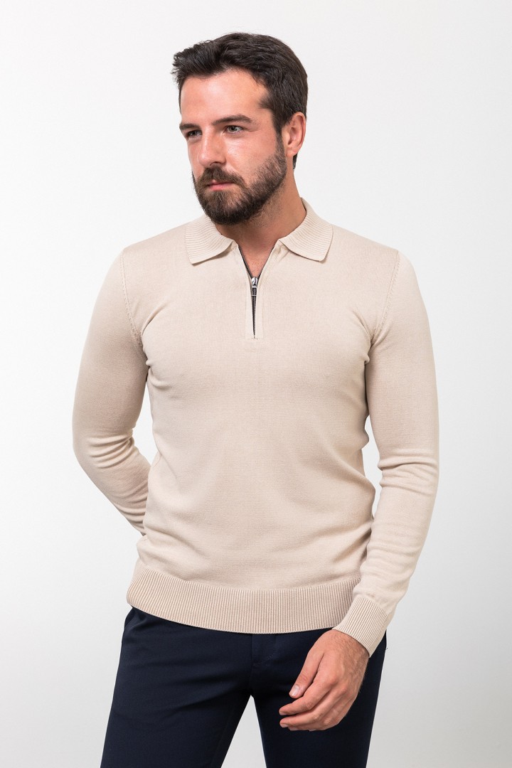 Beige Color Viscose Fabric Zippered And Shirt Collar Design Casual Men's Knitwear