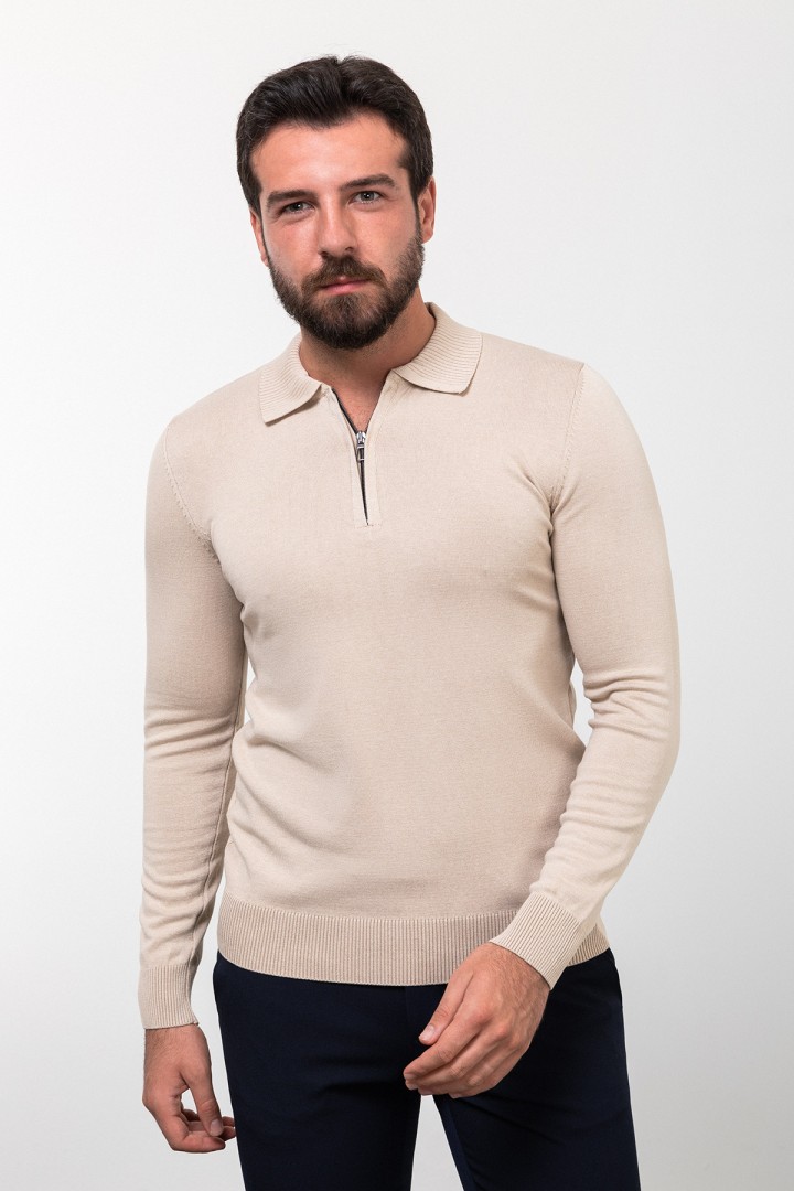 Beige Color Viscose Fabric Zippered And Shirt Collar Design Casual Men's Knitwear